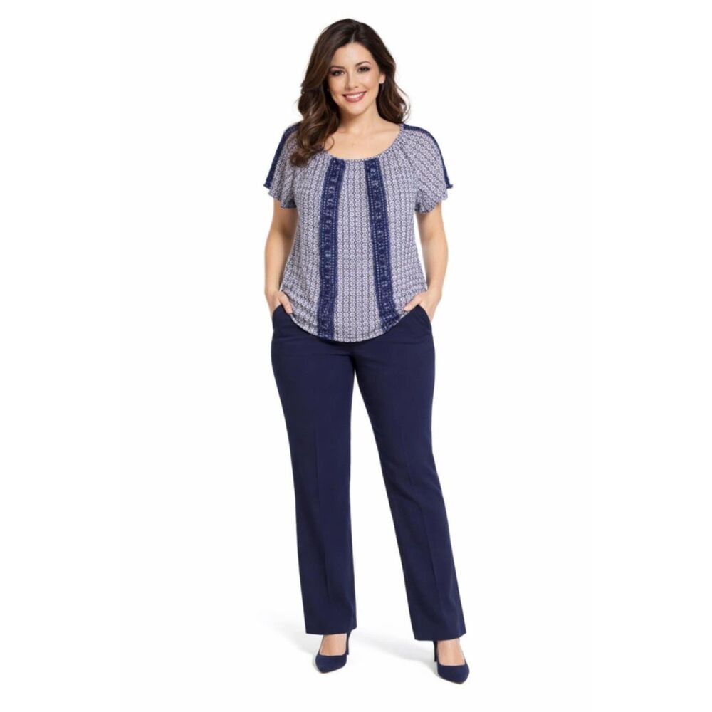 St John's Bay SHORT SLEEVE TOP Shirt Blue White Geometric Women's WOMAN'S Large